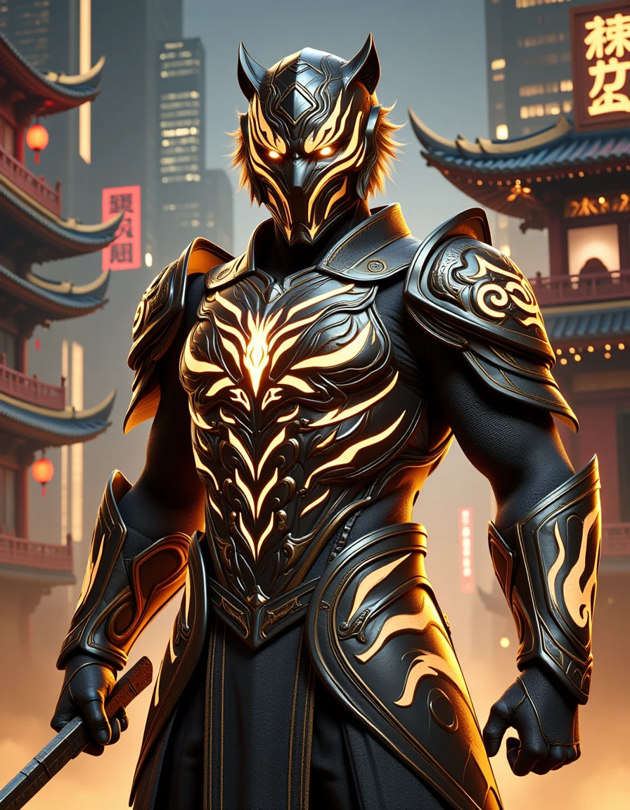 A warrior is wearing a tiger-themed armor.