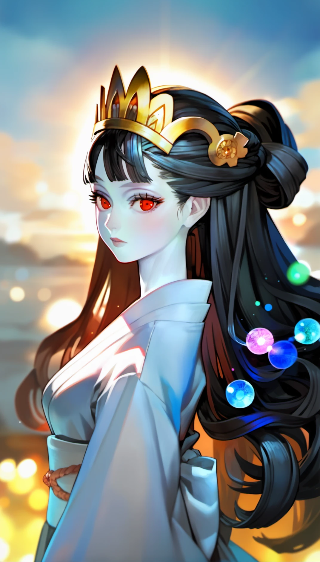 score_9,score_8_up,score_7_up,
<lora:vanillaStyle3:0.9>,
vanillastyle,
1girl,solo,pale skin,black hair,long hair,half updo,blunt bangs,red eyes,looking at viewer,golden headdress,pure white robe, white obi,portrait,face focus,from side,white background, 
blurry background,outdoors,blue sky,particle lights,lens_flare,hills,morning,