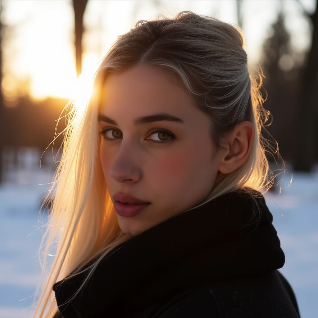 photo of a woman, looking directly at viewer, in the winter outdoors with silhouette illumination of her hair by evening sunlight. Taken with a ProPhoto iPhone camera, rachelcay