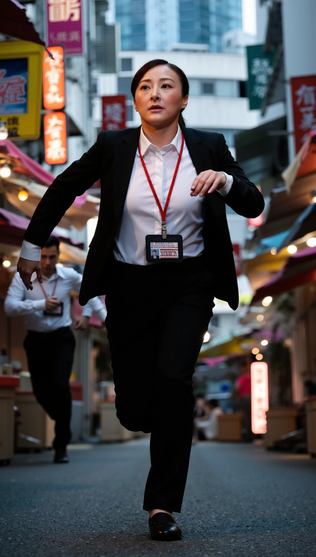 An intense cinematic scene of a Hong Kong ICAC investigator chasing a corruption suspect through narrow street. 

The investigator, dressed in business casual attire, is sprinting with determination running through busy marketplaces. 

The city’s skyscrapers and neon signs loom overhead as the investigator showing agility and quick reflexes. 

The investigator’s expression is focused, with sweat glistening on their forehead.

The investigator is an old woman with huge breast in a black suit and white shirt.

She has a red lanyard around her neck with a name tag attached to it.