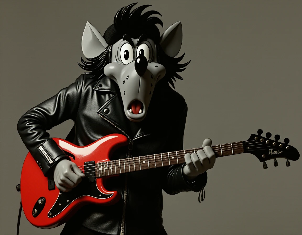 <lora:nypogodi _Rank128_17GB_512:1>, nypogodi wolf, in a leather jacket and guitar