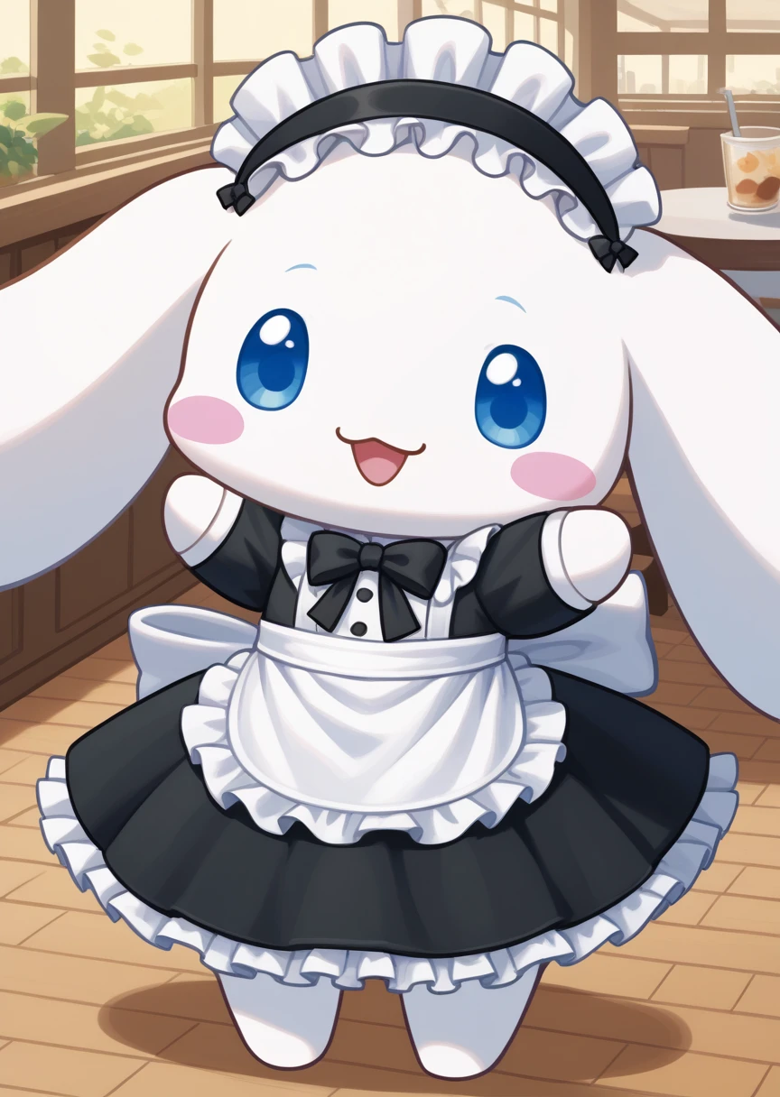 score_9, score_8_up, score_7_up, BREAK
source_anime, source_furry, Cinnamoroll, solo, looking at viewer, smile, open mouth, blue eyes, standing, :d, no humans, blush stickers, happy, cafe, cute, kawaii, chibi, long ears, white fur, maid uniform, maid headdress