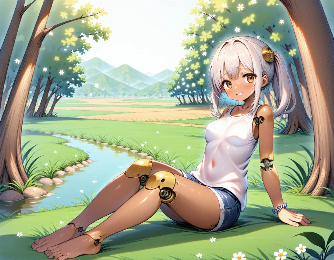 anime artwork, masterpiece, absurdres,bisyojo,mechagirl,cute,kawaii,japanese anime,manga,
The following image is rendered by a game engine.
describe the scene with intricate details,
add a highly textured and ornate design,
A warm, intimate anime-style scene set in a secluded spot of the Japanese countryside.
Central focus: A young teenage mecha girl, around 13-14 years old, with endearing features:
- Long, slightly messy silver hair with a playful cowlick
- Sun-kissed brown skin with a healthy glow
- Developing figure, still with some childlike roundness
Outfit:
- Slightly oversized white tank top, damp with sweat in places
- Faded denim short shorts
- Clothes cling to her body due to perspiration, subtly revealing her silhouette
- Simple friendship bracelet on her wrist
Pose:
- Sitting on a grassy hill, knees pulled up to her chest
- One arm hugging her knees, the other reaching out to the viewer
- Head tilted slightly, with a shy but inviting smile
- Eyes bright and curious, looking directly at the viewer
Background - intimate corner of rural Japan:
- Small, secluded meadow surrounded by trees
- A babbling brook nearby, implying a secret hideaway
- Wildflowers dotting the grass around her
- Late afternoon sun filtering through leaves
Lighting:
- Soft, warm sunlight creating a gentle glow
- Dappled shadows from the trees adding depth
Additional details:
- Light sheen of sweat on her skin, emphasizing the summer heat
- A few strands of hair sticking to her face and neck
- Maybe a popsicle stick or empty ramune bottle nearby
Overall atmosphere: A sense of youthful innocence, summer nostalgia, and intimate friendship. The scene should feel like a private moment shared with a close friend, capturing the essence of a carefree summer day.