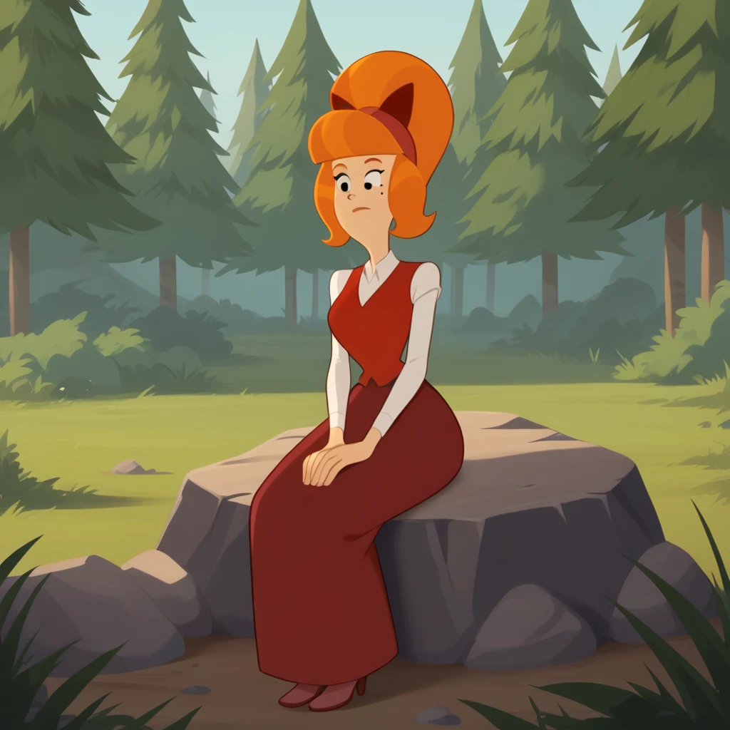 score_9_up, score_8_up, BREAK, 1girl, solo, SignorinaBetty, orange hair, red hair bow, ponytail, black eyes, red vest, white shirt, long sleeves, long skirt, sitting on rock, outdoors,  <lora:SignorinaBetty_TheDaltons_PXL_Leaf1:1>,  cowboy shot,