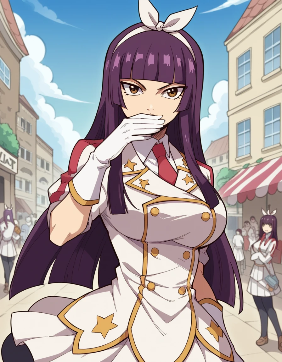 score_9, score_8_up, score_7_up, source_anime, <lora:kagura-mikazuchi-anime-ponyxl-lora-nochekaiser:1>, kagura mikazuchi, long hair, purple hair, hime cut,  hairband, brown eyes, large breasts,, skirt, gloves, pantyhose, necktie, white gloves, uniform, black pantyhose,, street market, vendor, street food, bustling crowd, local flavor, vibrant, smile, looking at viewer, hand covering mouth, solo,, cowboy shot, dutch angle