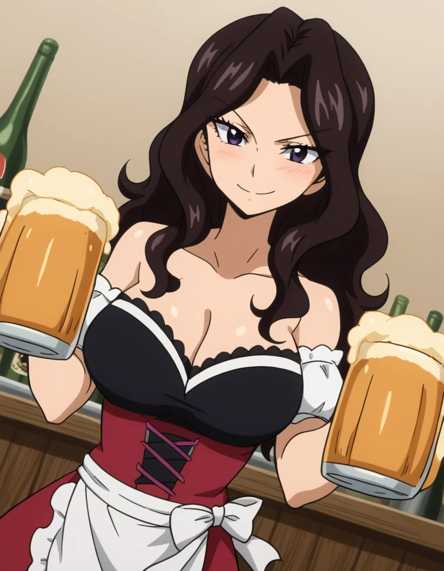 score_9, score_8_up, score_7_up, source_anime, <lora:cana-alberona-s7-ponyxl-lora-nochekaiser:1>, cana alberona, long hair, black hair, purple eyes, wavy hair, parted bangs, large breasts,, <lora:dirndl-ponyxl-lora-nochekaiser:1>, dirndl, german clothes, beer mug, collarbone, cleavage, beer, underbust, waist apron,, indoors, bar, smile, blush,, , cowboy shot, dutch angle