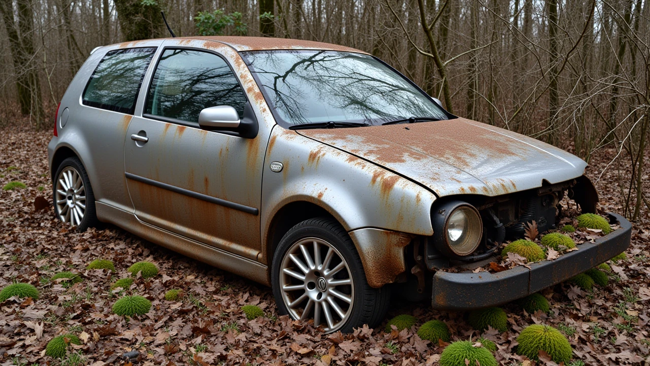 a photo of an abandoned VW Golf R 32,silver rims, standing rotting in the bushes,full of dust and moss, missing parts,faded color,rusty, <lora:Golf_R32:1.1>