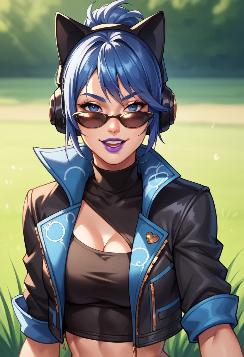 score_9, score_8_up, score_7_up,  source_anime,  BREAK,  <lora:FNHeroicHope-000008:0.9>,  FNHeroHop, blue hair, cat ear headphones, blue eyes, purple lips, open collared jacket, clothing cutout,  short sleeves, black turtleneck, midriff, fingerless gloves,  sunglasses, grass, seductive smile, looking at viewer,  breasts, 1 girl, solo, upper body, finger guns, open mouth,