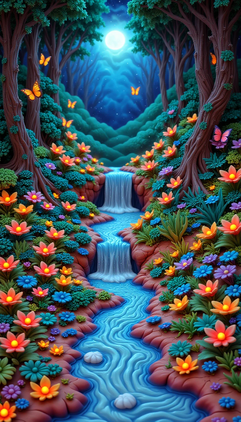 p1nk1ecl4y, clay art, vivid, enchanted rainbow waterfall cascading down a cliff covered in bioluminescent plants, glowing butterflies and fireflies fluttering around, mystical forest backdrop, soft and magical lighting