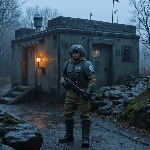 an imperial guardsman stands to attention outside a concrete bunker on a grey and rainy world, on guard duty through the night