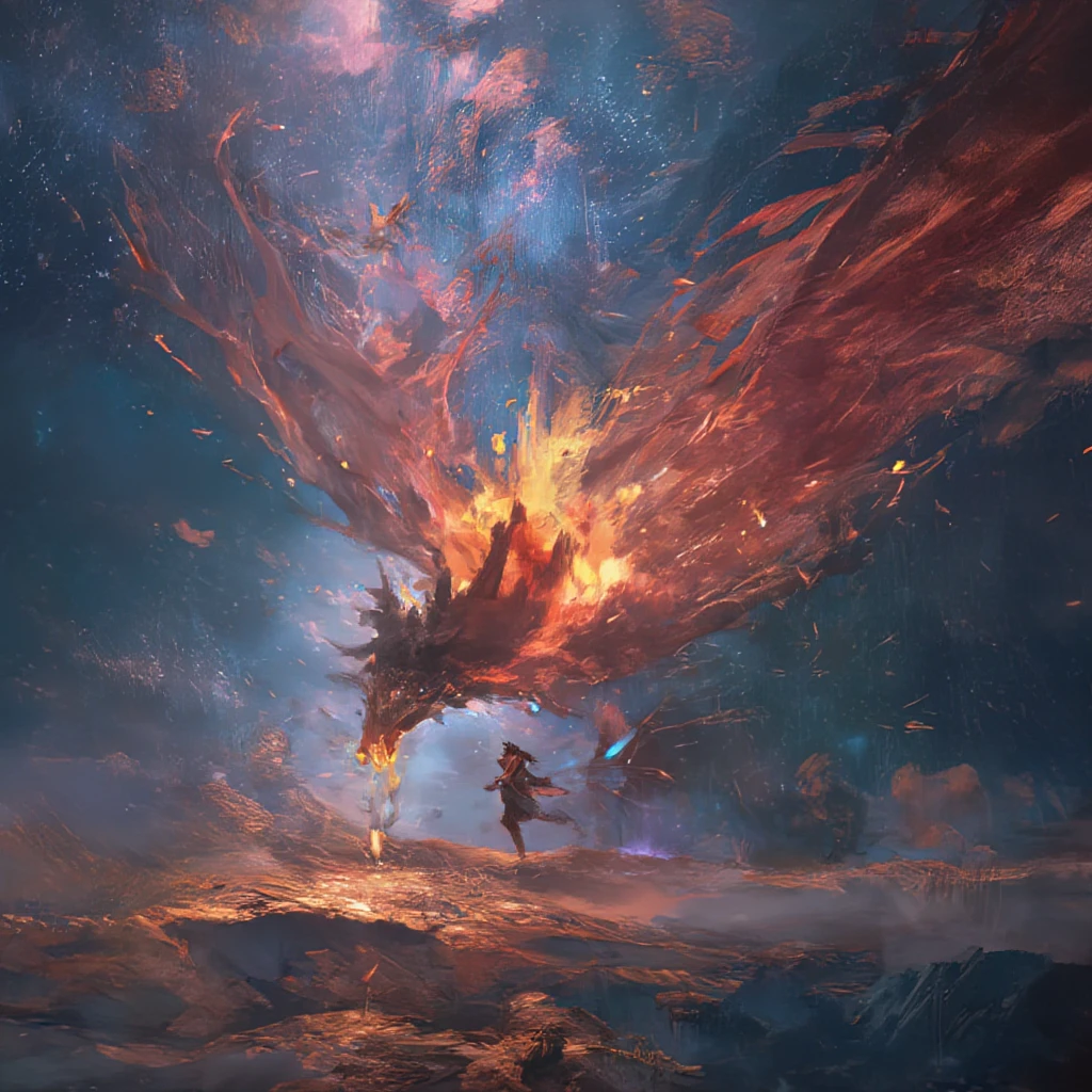 a dragon made out of fiery red spores flying down from the atmospheric starry sky, raining down meteors, rainbow iridescent, majestic