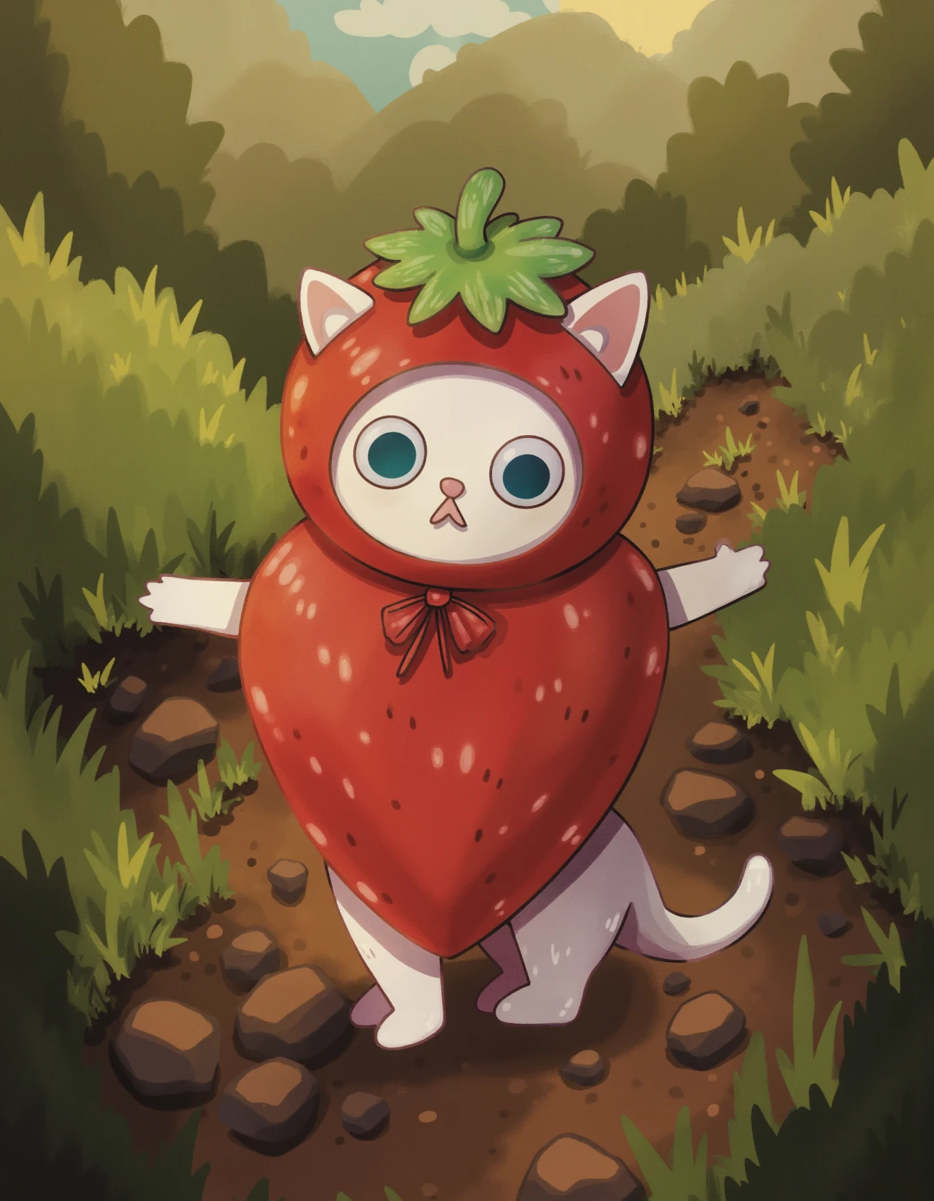 whimsyglo style image of a small kitten standing on a dirt path in a grassy field. The kitten is wearing a strawberry costume with a hood that covers its head and neck. The costume is made up of a large strawberry with a green stem and leaves on top. The body of the costume is covered in small red spots, and the legs are covered in white fur. The cat has blue eyes and is looking directly at the camera with a curious expression. <lora:Whimsyglo style_epoch_19:1>