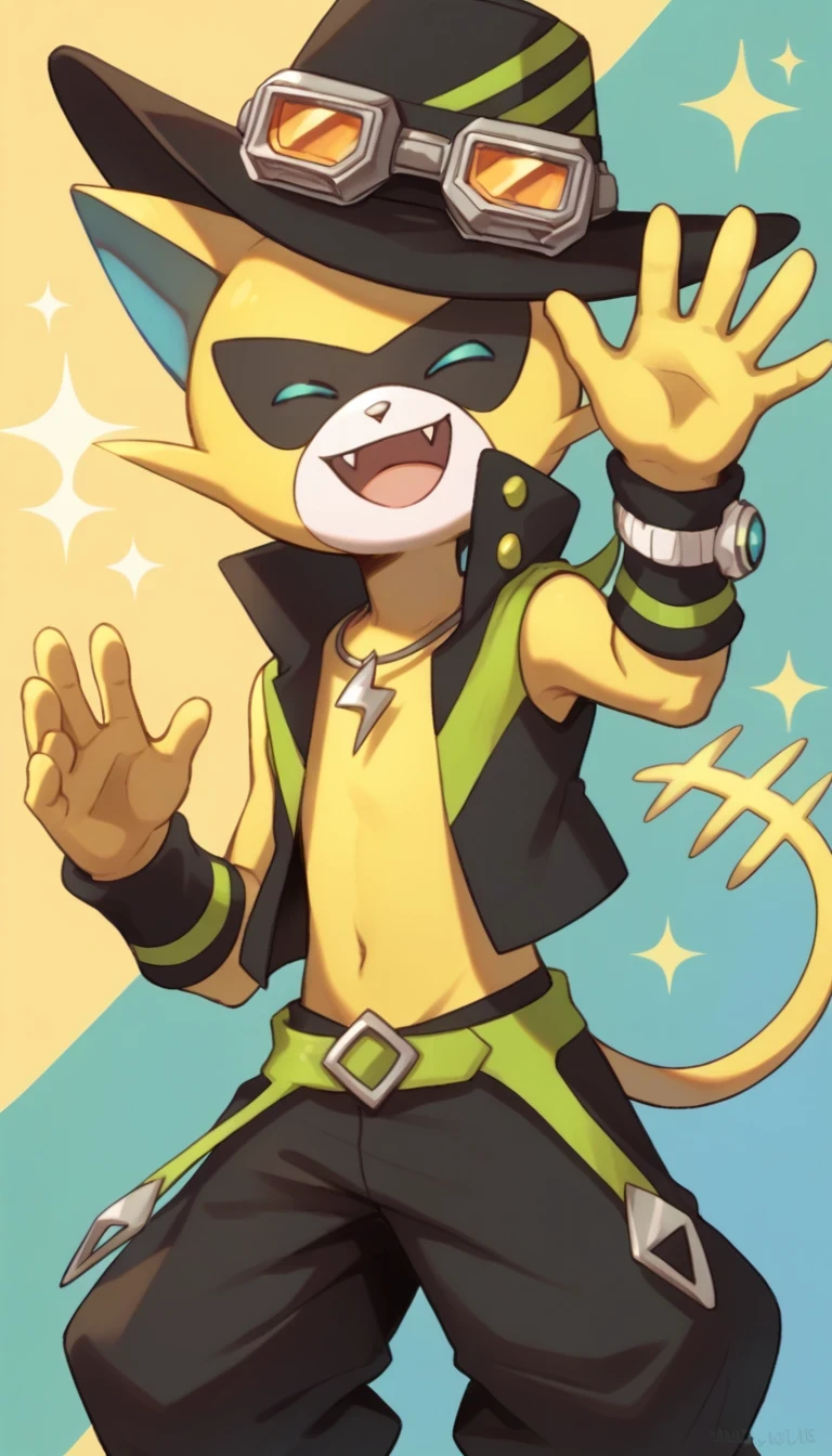 score_9, score_8, masterpiece, high quality, wild boy, yellow body, blue eyes, cat, cowboy hat, goggles, baggy pants, wrist sweatbands, 1boy, furry, furry male, solo, happy, closed eyes, open mouth, fangs, abstract, waving at viewer