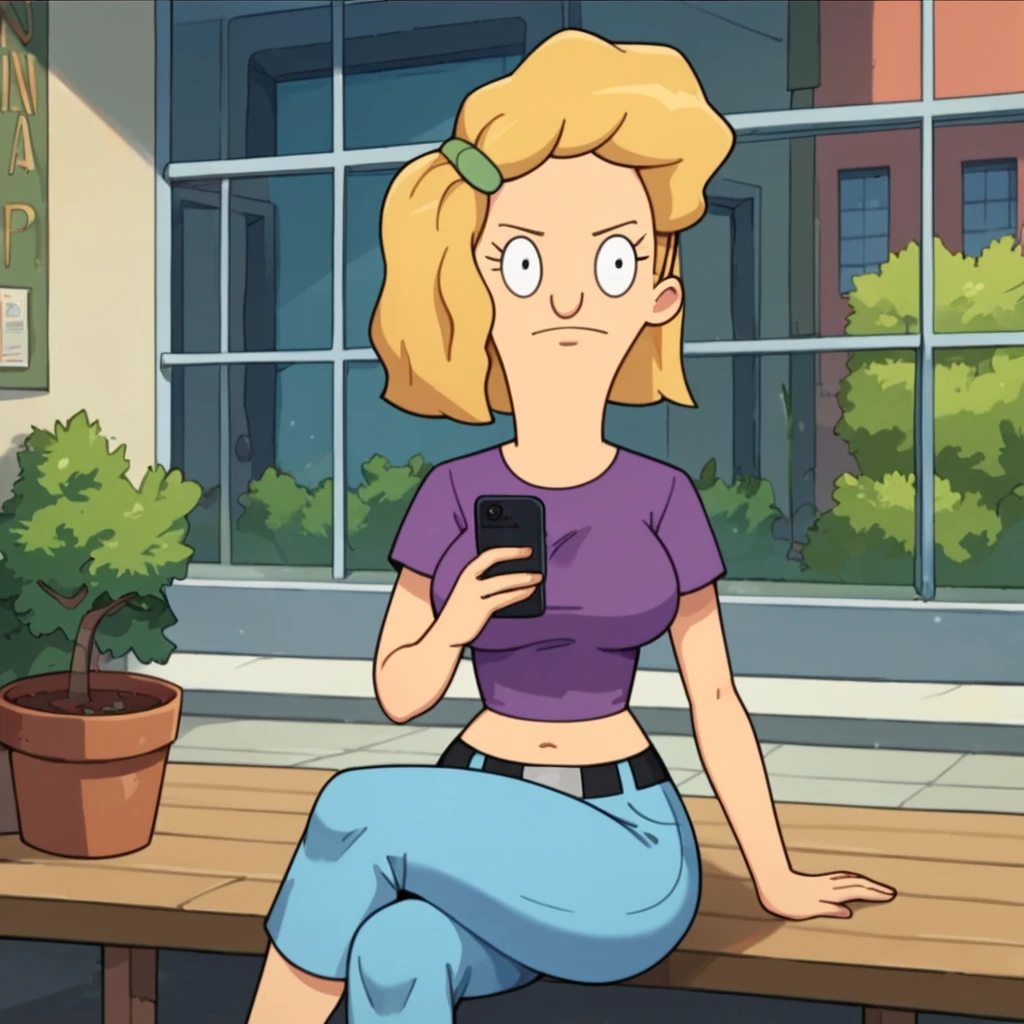 score_9, score_8_up, score_7_up, 1girl, blonde hair, medium hair, hair ornament, large breasts, midriff, narrow waist, wide hips, looking at viewer, sitting, crossed legs, holding phone, highres, high quality, masterpiece, fca style, toon \(style\), <lora:Jocelyn:1>