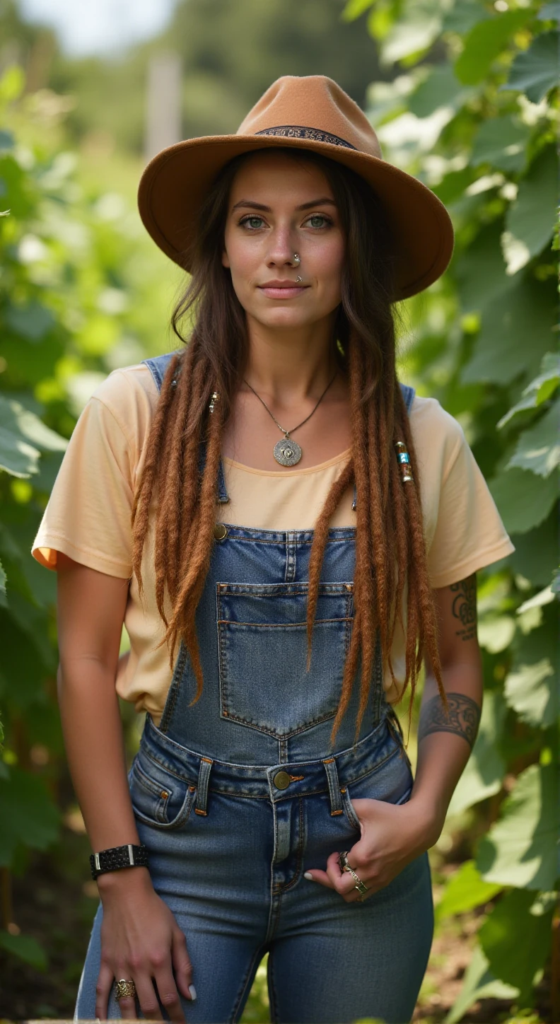 Indica Flower full body portrait. nose ring. she wears a t-shirt and suspenders, hippy style, farm <lora:IndicaFlower:0.9>