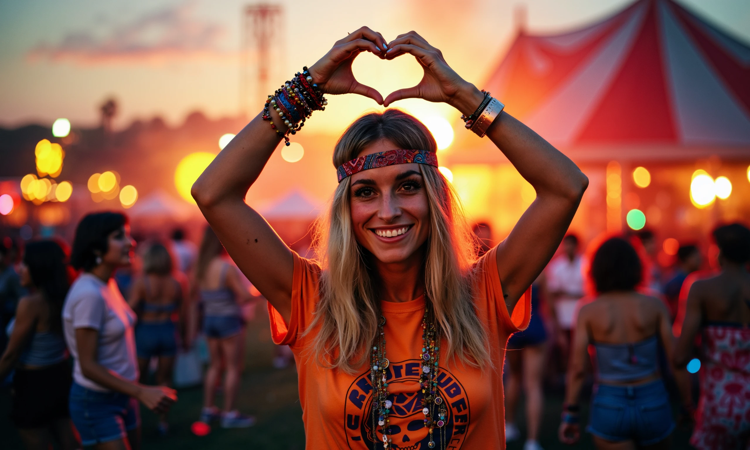  image of Sharon Tate at a lively outdoor festival, standing with her arms raised above her head, forming a heart shape with her hands. She's smiling radiantly, Sharon is wearing a old GRATEFULL DEAD BAND LOGO shirt,, and a patterned headband tied around her forehead, with layered necklaces and a mix of colorful bracelets adorning her wrists. Her blonde hair falls loosely past her shoulders. The atmosphere around her is filled with festival-goers, adding to the carefree and joyful mood of the scene. The background features vibrant colors and lights, slightly blurred, emphasizing Sharon’s fun, laid-back energy. The overall mood of the image is one of love, freedom, and celebration, capturing the essence of a 60s-inspired festival vibe.