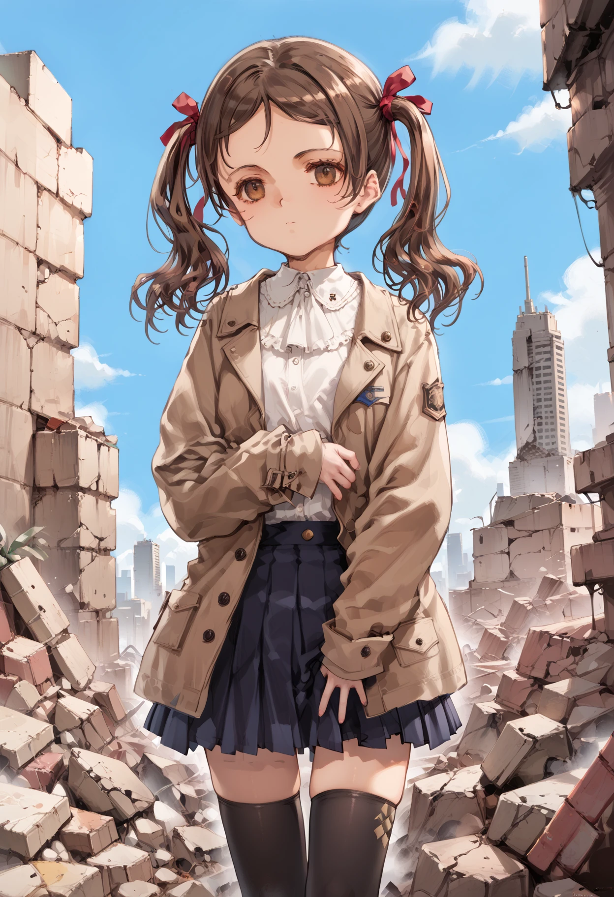 score_9,score_8_up,score_7_up,source_anime BREAK masterpiece,best quality,very aesthetic,absurdres,1girl,
<lora:sayu_p_v1:1>,sayu,twintails,brown eyes,brown hair,hair ribbon,duffel_coat,white blouse,black_thighhighs,pleated_skirt,doc_martens,<lora:Fixhands_anime_bdsqlsz_V1:1>,standing,expressionless,face_focus,Skyscraper,city,rubble_ruins,in winter,upper_body,looking_up,front view,, masterpiece,best quality, very aesthetic, absurdres, ultra detailed, high resolution, 4k, extremely detailed CG,