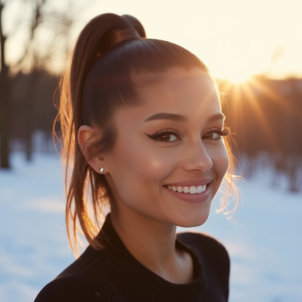 woman, light makeup, smiling. high ponytail, in the winter outdoors with silhouette illumination of her hair by evening sunlight. Taken with a ProPhoto iPhone camera