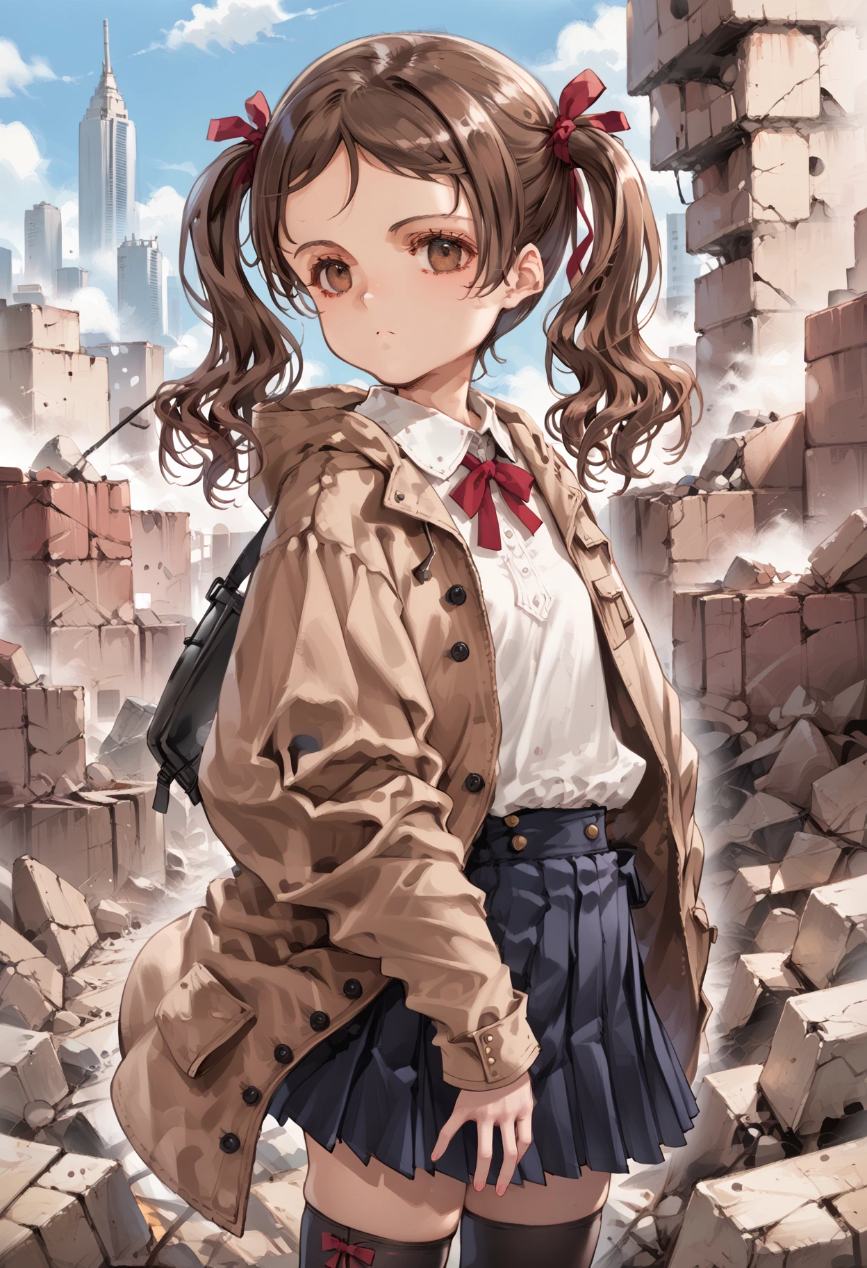 score_9,score_8_up,score_7_up,source_anime BREAK masterpiece,best quality,very aesthetic,absurdres,1girl,
<lora:sayu_p_v1:1>,sayu,twintails,brown eyes,brown hair,hair ribbon,duffel_coat,white blouse,black_thighhighs,pleated_skirt,doc_martens,<lora:Fixhands_anime_bdsqlsz_V1:1>,standing,expressionless,face_focus,Skyscraper,city,rubble_ruins,in winter,upper_body,profile,looking_up,front view,, masterpiece,best quality, very aesthetic, absurdres, ultra detailed, high resolution, 4k, extremely detailed CG,