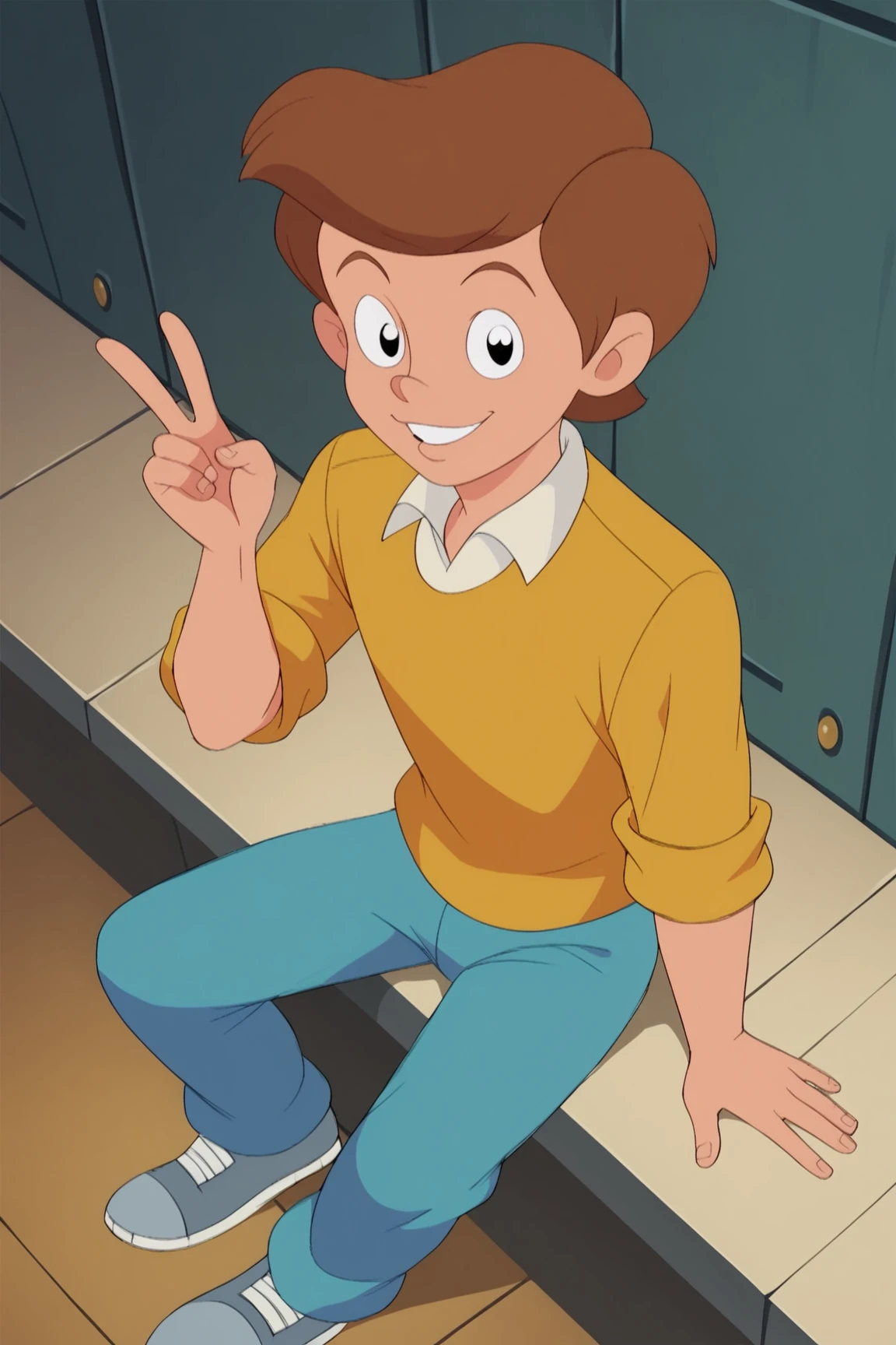 score_9, score_8_up, score_7_up, score_6_up, BREAK, TommySPLXL, retro artstyle, black eyes, brown hair, short hair, male child, pectorals, white collar shirt, yellow shirt, sleeves rolled up, blue pants, grey shoes, solo, full body, sitting, above view, peace sign, seductive smile, looking at viewer, indoors <lora:TommySPLXL:1>