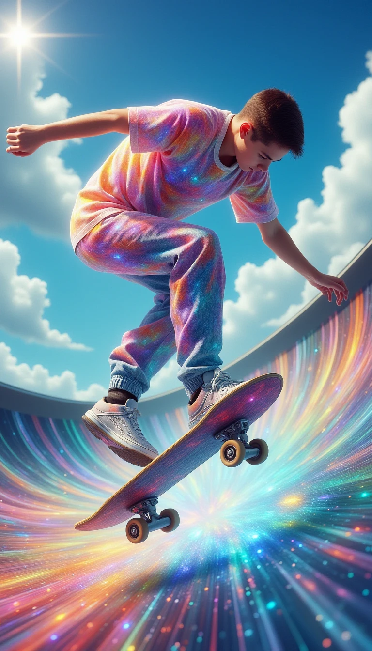 <lora:XRayStyleFlux:1.0>CosmicStyle, Carnation a teenager with a skateboard performing a trick