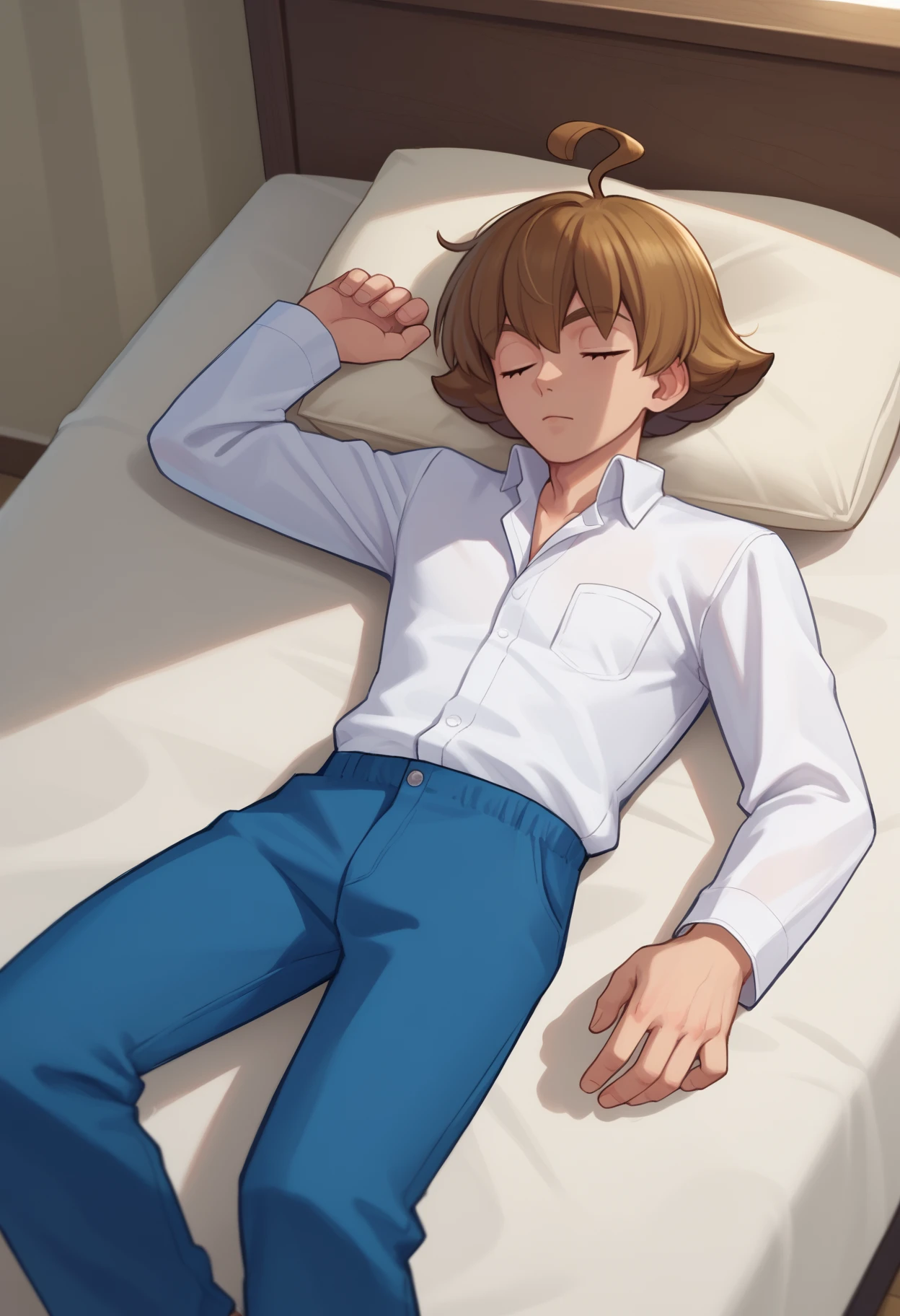 score_9, score_8_up, score_7_up, source_anime, <break> solo, male focus, 1boy, eustace w1nner, sleeping, lying, on back, flipped hair, ahoge, white shirt, collared shirt, long sleeves, white shirt, blue pants, indoors, bed
<segment:yolo-face_yolov8m.pt,0.4,0.5//cid=1>