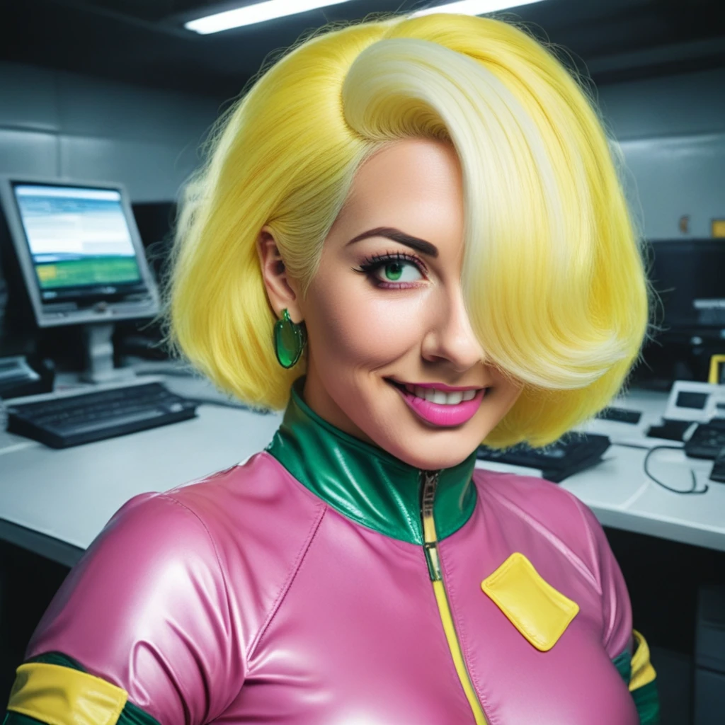 doctorblight, portrait, face, close up portrait, (computers in background), realistic, smooth, high details, masterpiece, 4k, smile, (blonde hair), (blonde hair with a white streak), (pink lips), (green eyes), sexy, woman, (pink jumpsuit), (tight pink jumpsuit with yellow elements), (turquoise collar), (yellow zipper), (confident), (black eyebrows), (turquoise seams), (hair over one eye), (green earrings), (skin tight pink jumpsuit)