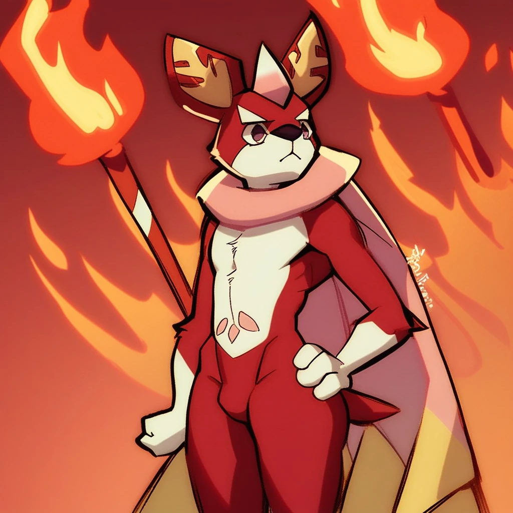 score_9, score_8_up, score_8, furry, Swelterrier, dog, yokai, red fur, red cape, cartoon style, 2d, skinny male, pecs, thick thighs, wide hips, solo, nude, featureless crotch, holding red staff, one arm up, hand on hip, fire in background, standing, surrounded by fire, red background