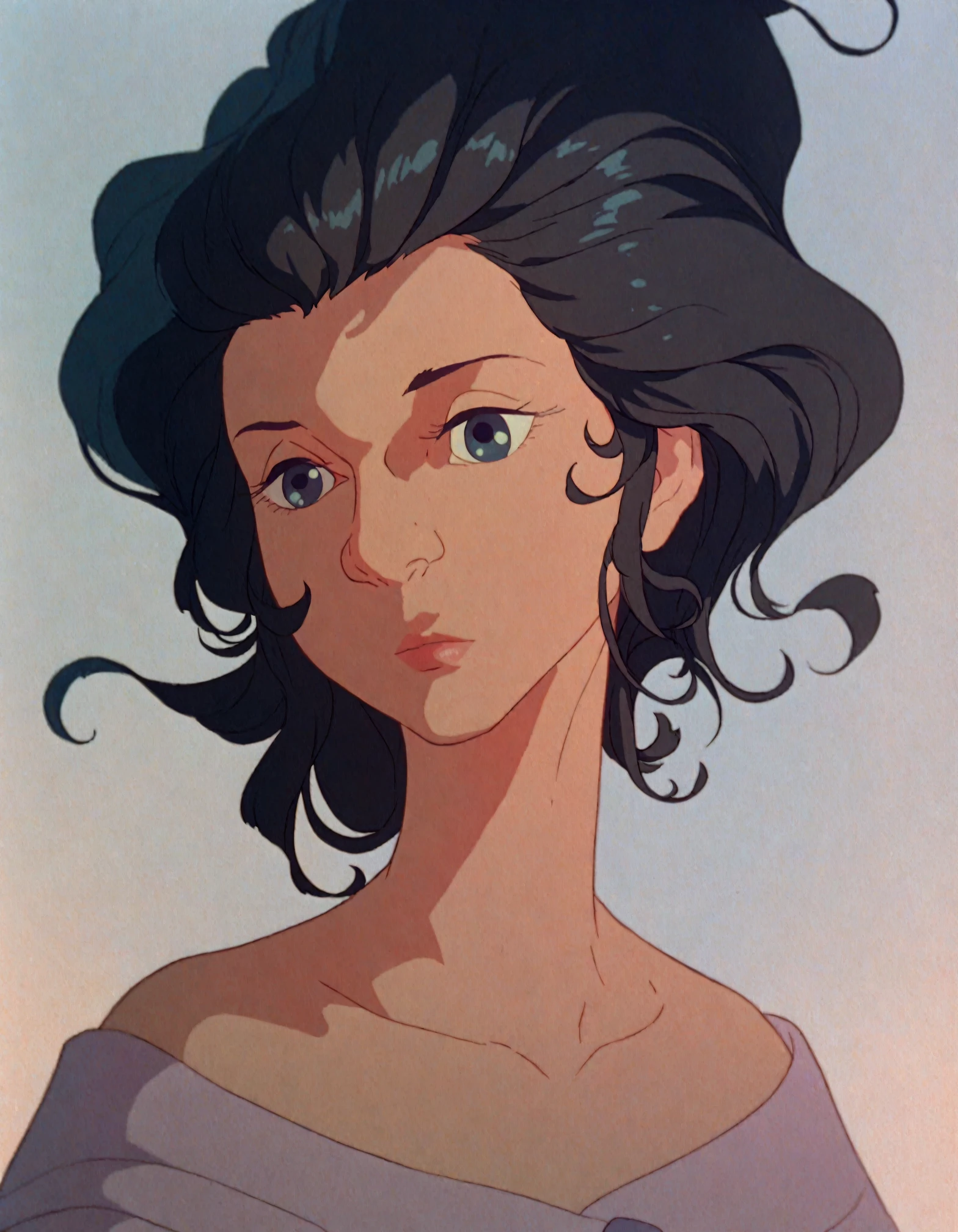 <lora:TheLastUnicorn_pony_v1:1> a frame from "the last unicorn", a portrait of a black haired young woman, score_9, score_6_up, score_7_up