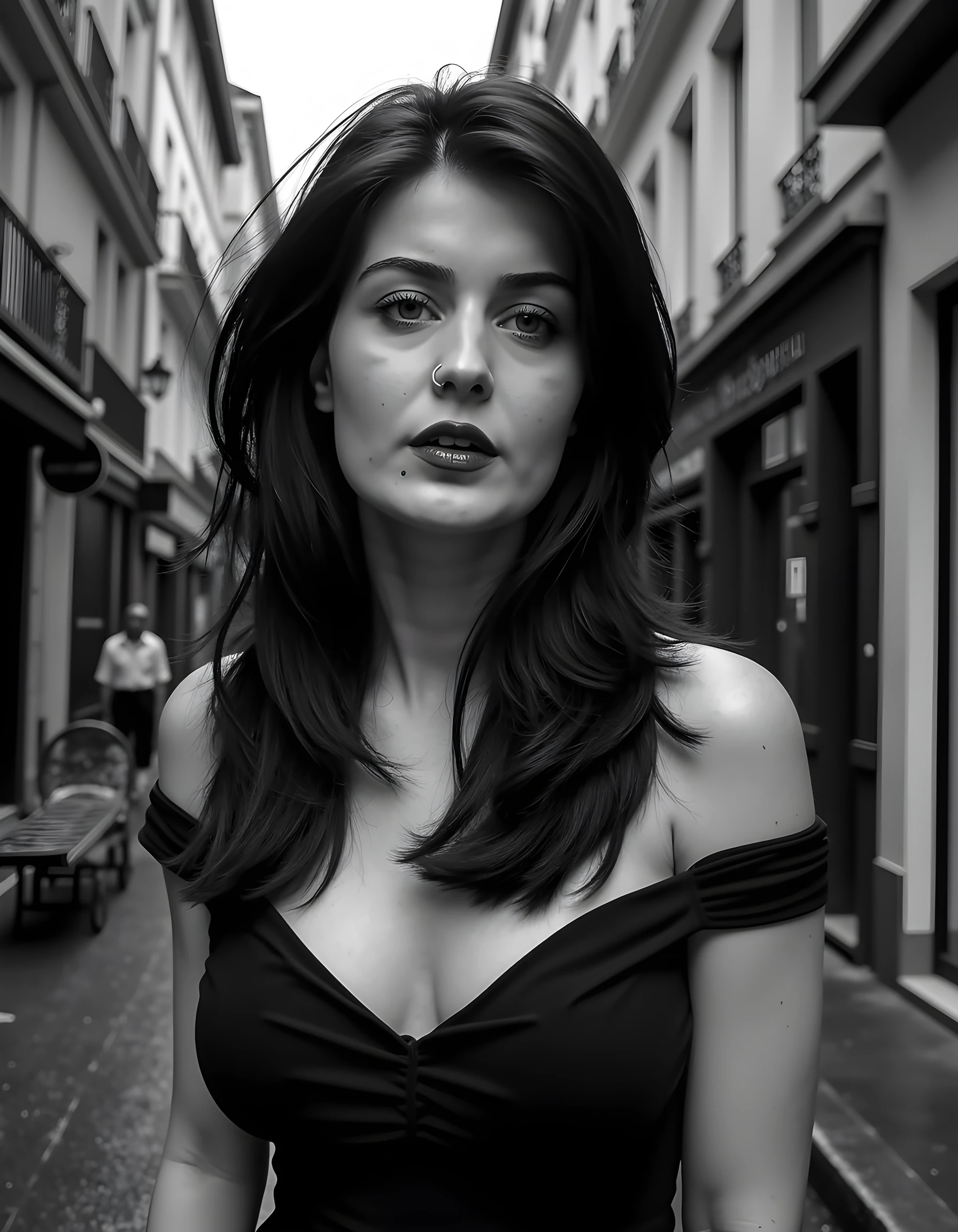 (beautiful woman),[film noir], [full-body shot], [black and white photo], [vintage], [fedora hat],[chiaroscuro lighting], [thriller], (beautiful perfect face),[detailed],[perfect human anatomy],[professional photography],[posing],[cinematic],[40s],[very old elegant clothes]