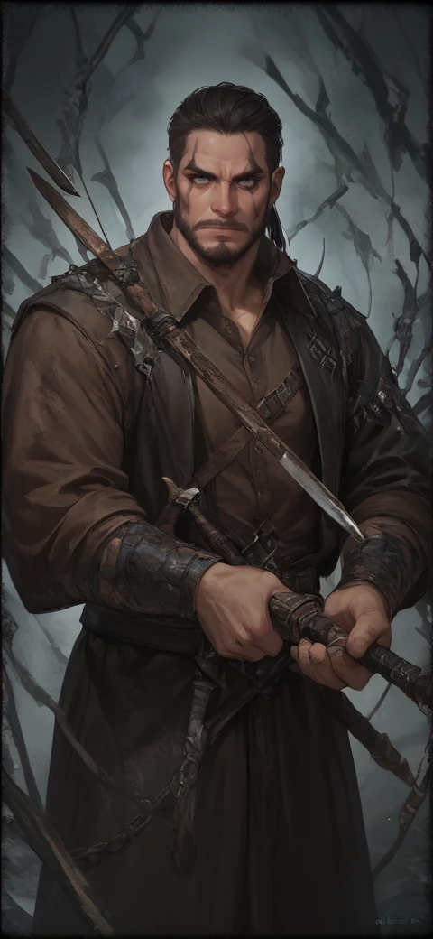 score_9, score_8_up, score_7_up, black border, unitcardart,
solo, man, facial hair, holding weapon, eyes in shadow,
 <lora:Unit_Card_Art:1>