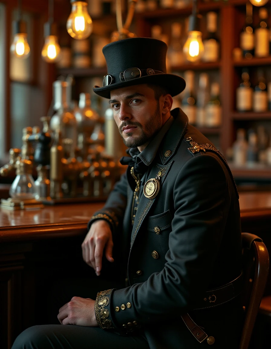 a man sitting in a steampunk bar waring a Jed-stmpnk outfit ,   <lora:fluxsteampunk-000012:1>,