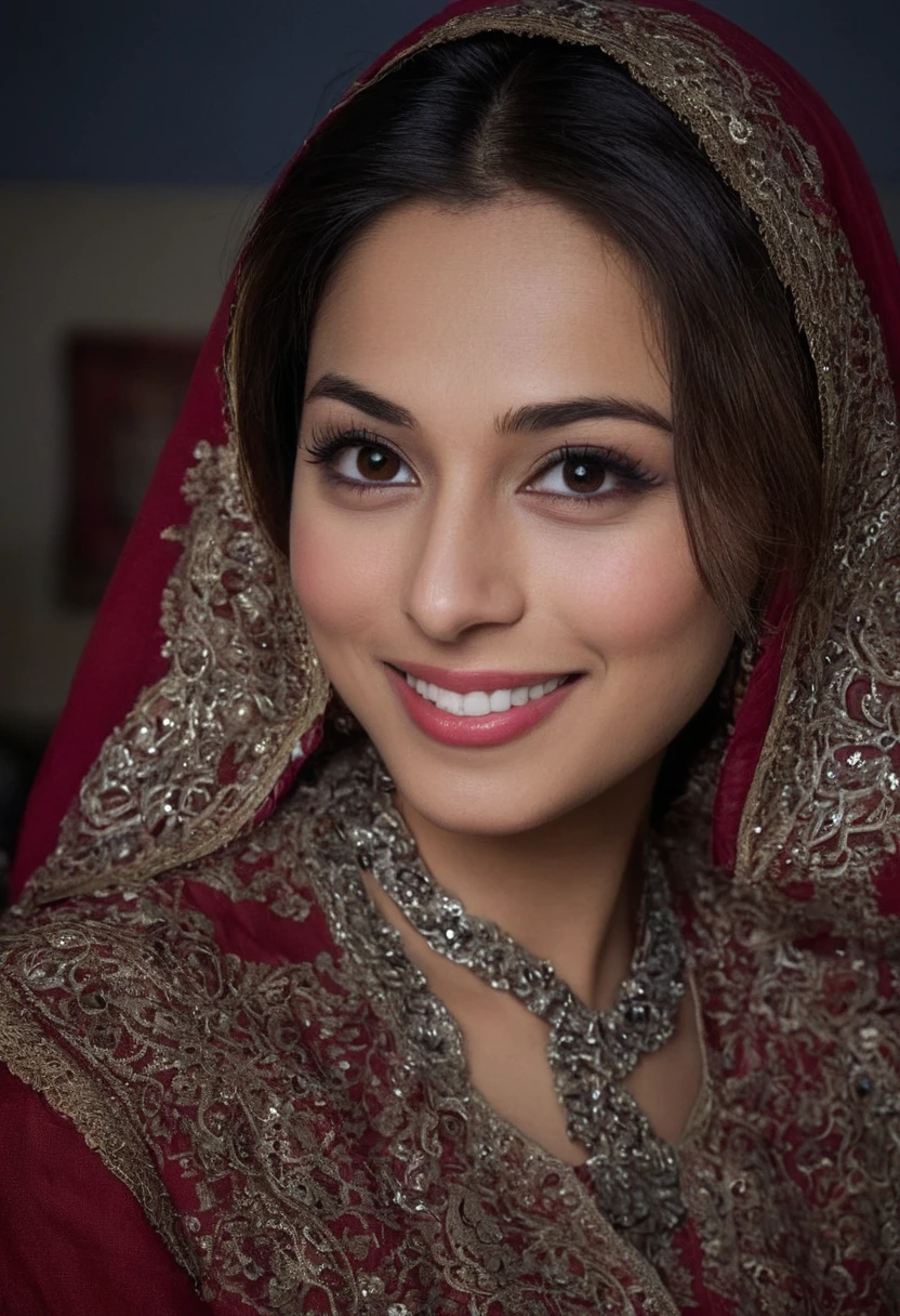 closeup head and shoulders portrait,aishah hasnie,woman,<lora:Aishah Hasnie SDXL:0.8>,looking at viewer,traditional pakistani clothes,teasing_smile,pakistan,photo in the style of Alyssa Vaphiades,