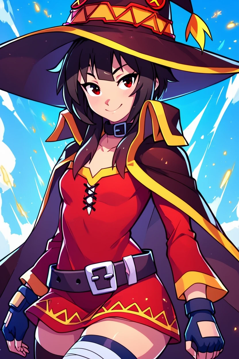 score_9, score_8_up, score_8, medium breasts, (curvy), cute, eyelashes,       BREAK, , BREAK, <lora:konosuba-megumin-s2-ponyxl-lora-nochekaiser:0.7>, megumin, short hair, black hair, red eyes, short hair with long locks, thighhighs, gloves, hat, dress, black gloves, belt, black thighhighs, fingerless gloves, cape, collar, witch hat, bandages, red dress, single thighhigh, asymmetrical legwear, bandaged leg,, <lora:EnergyCAT:1.0>,  solo, looking at viewer, upper body, aura, blue sky,  , BREAK,  smile, looking at viewer, cowboy shot,  embedding:zPDXL, Expressiveh, <lora:SDXLFaeTastic2400:0.5>,  <lora:Expressive_H-000001:0.4>,