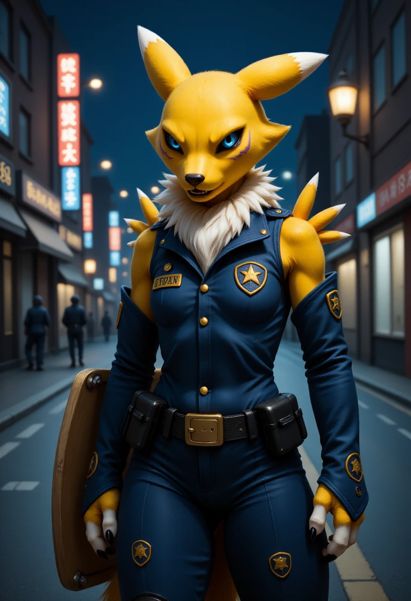 A photorealistic portrait of renamon, digimon with yellow fur, wearing a SWAT police outfit and holding a riot shield in a dark street. She is angry.