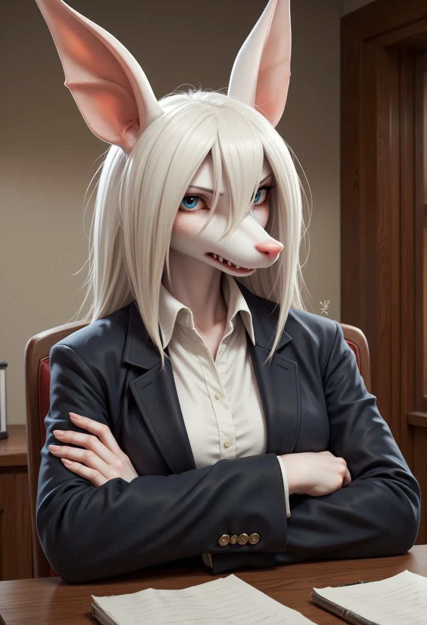 A photorealistic facial portrait of freyac, rat girl with white fur, angry, mad, upset, wearing a formal blazer and shirt, sitting at a desk with her arms crossed.