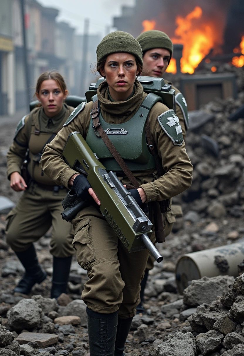 A female Cadian officer leads a mixed patrol through a bombed-out city street. The officer, her face smudged with soot, has her lasgun raised as she motions forward with her other hand. A male Guardsman crouches behind her, his face half-illuminated by the glow of burning wreckage, his expression sharp and vigilant. Behind them, a younger female Guardsman with wide eyes carefully steps over rubble, sweat beading down her temple as she follows the squad. Photorealism & Style: Medium shot from the side, capturing the female officer in profile as she moves with precision. The camera is angled low to the ground, highlighting the broken rubble and urban devastation in the foreground. The lighting is a mix of flickering firelight and shadows, adding depth to the characters’ expressions, particularly the tension in the young Guardswoman’s face.