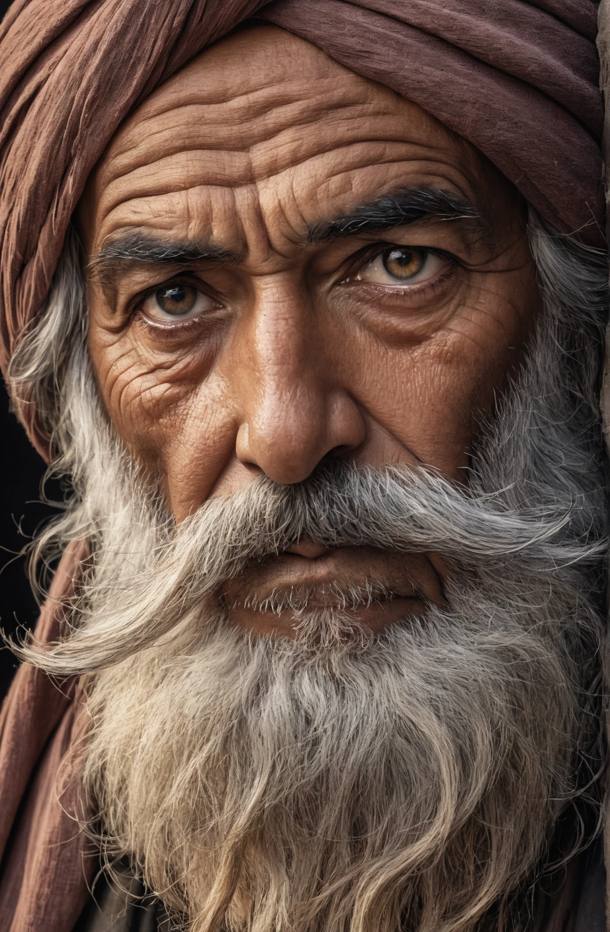 The image features an older man, a long white beard and mustache, middle eastern, weathered old face, wearing turban, He has a stern expression, giving the impression of a wise and experienced individual. The man's beard and mustache are prominent, adding to his distinguished appearance. The close-up shot of the man's face emphasizes his facial features and the intensity of his gaze, highest quality, perfect lighting, highest detail, ((side lit, studio lighting)), (HDR), ((analog style)), headshot photo), (realistic), (photorealistic:1.6), (gritty, contrasted, film grain), (Nikon d850 film stock photograph), (Nikon AF-S NIKKOR 24-70mm f/2.8), centered,