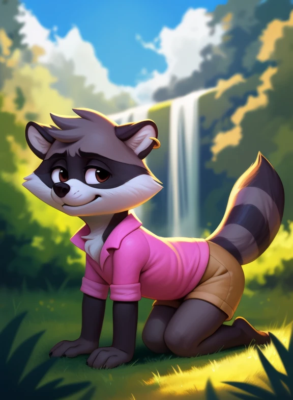 <lora:RenaldoTinTooLooYif:1> RenaldoTinTooLoo, raccoon, male, pink shirt, gray shorts, black eyes, white sclera, gold earring, chibi,
[  solo, (nature), forest, day, clouds, waterfall,  smile,]   (all fours,)
(beautiful, aesthetic, perfect, delicate, intricate, saturated colors), masterpiece, digital drawing, best quality,
by ulitochka, by taran fiddler, by Silverfox5213, by personalami,