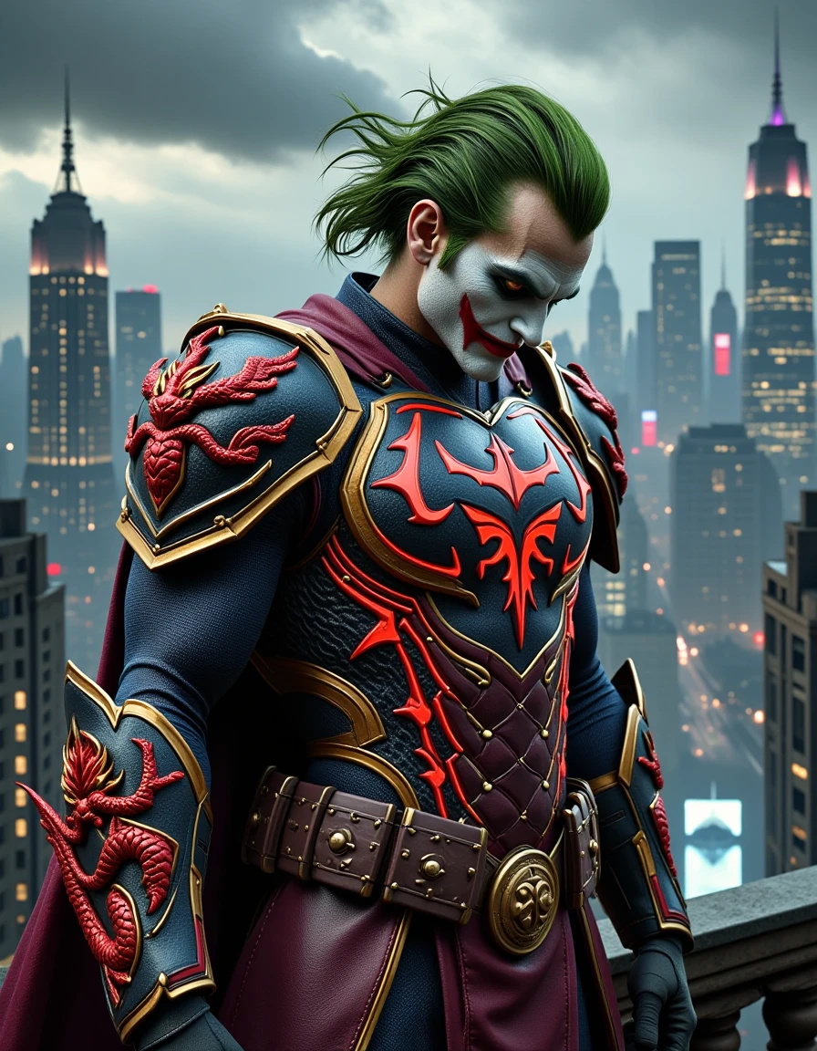 The clown in Batman movie wears theme armor and looks down from the tall building.