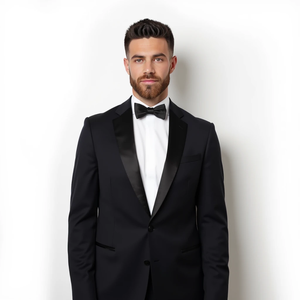 photo of a man wearing a tuxedo, blank background, looking at viewer