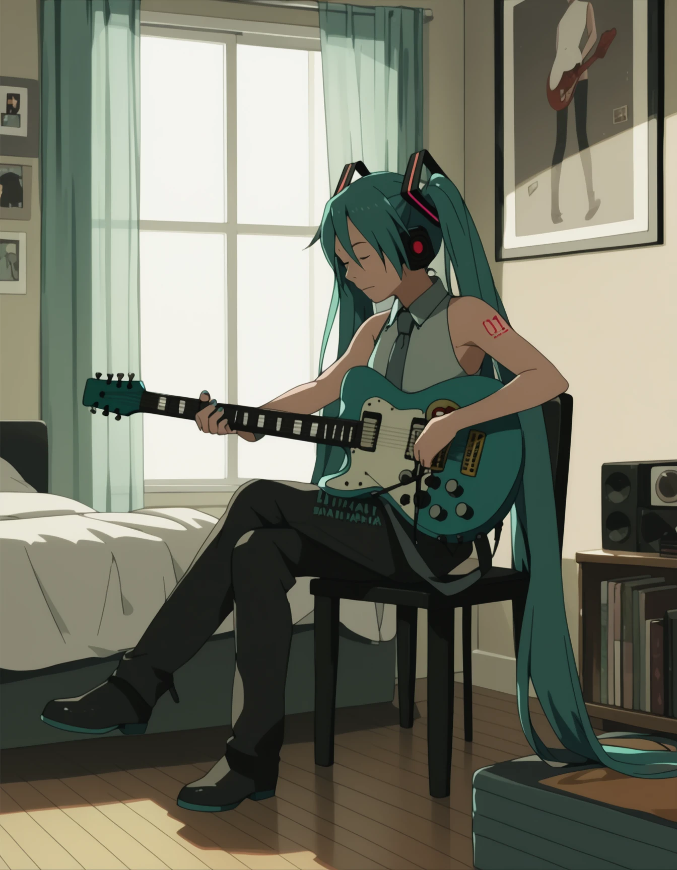 score_9,  score_8_up, score_7_up, <lora:izumi-maho-prodigy-ponyxl-000008:1> 1girl, hatsune miku, sleeveless, bedroom, sitting, closed eyes, chair, guitar