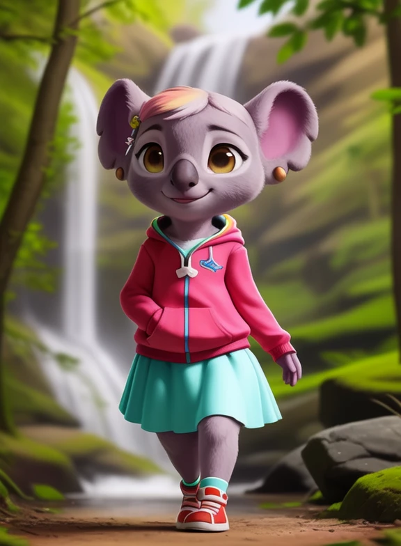 <lora:CaseyTOTSYif:1> CaseyTOTS, koala, light purple fur, brown eyes, purple sweatshirt, light green skirt, earrings, rainbow socks, orange sneakers,  rainbow hairpin,, chibi,
[  solo, (nature), forest, day, clouds, waterfall,  smile,]  (( walking, ))
(beautiful, aesthetic, perfect, delicate, intricate, saturated colors), masterpiece, digital drawing, best quality,
by ulitochka, by taran fiddler, by Silverfox5213, by personalami,