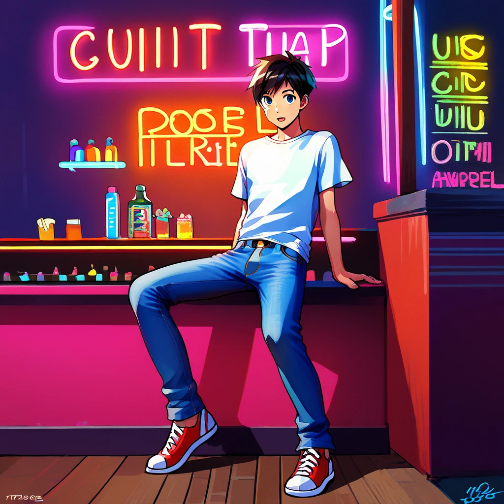 hi_res, score_9, score_8_up, (3qv:1.1), 1boy, solo, source_anime, sexy boy, (full body, slim, loose t-shirt, jeans), in a club, neon lights <lora:Standard_Poses:1>