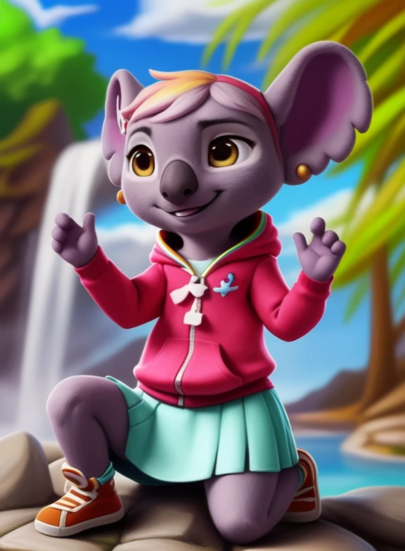 <lora:CaseyTOTSYif:1> CaseyTOTS, koala, light purple fur, (five  fingers, brown eyes, purple sweatshirt, light green skirt, earrings, rainbow socks, orange sneakers,  rainbow hairpin,) chibi,
[  solo, (nature), forest, day, clouds, waterfall,  smile,]   ((cowgirl position,))
(beautiful, aesthetic, perfect, delicate, intricate, saturated colors), masterpiece, digital drawing, best quality,
by ulitochka, by taran fiddler, by Silverfox5213, by personalami,