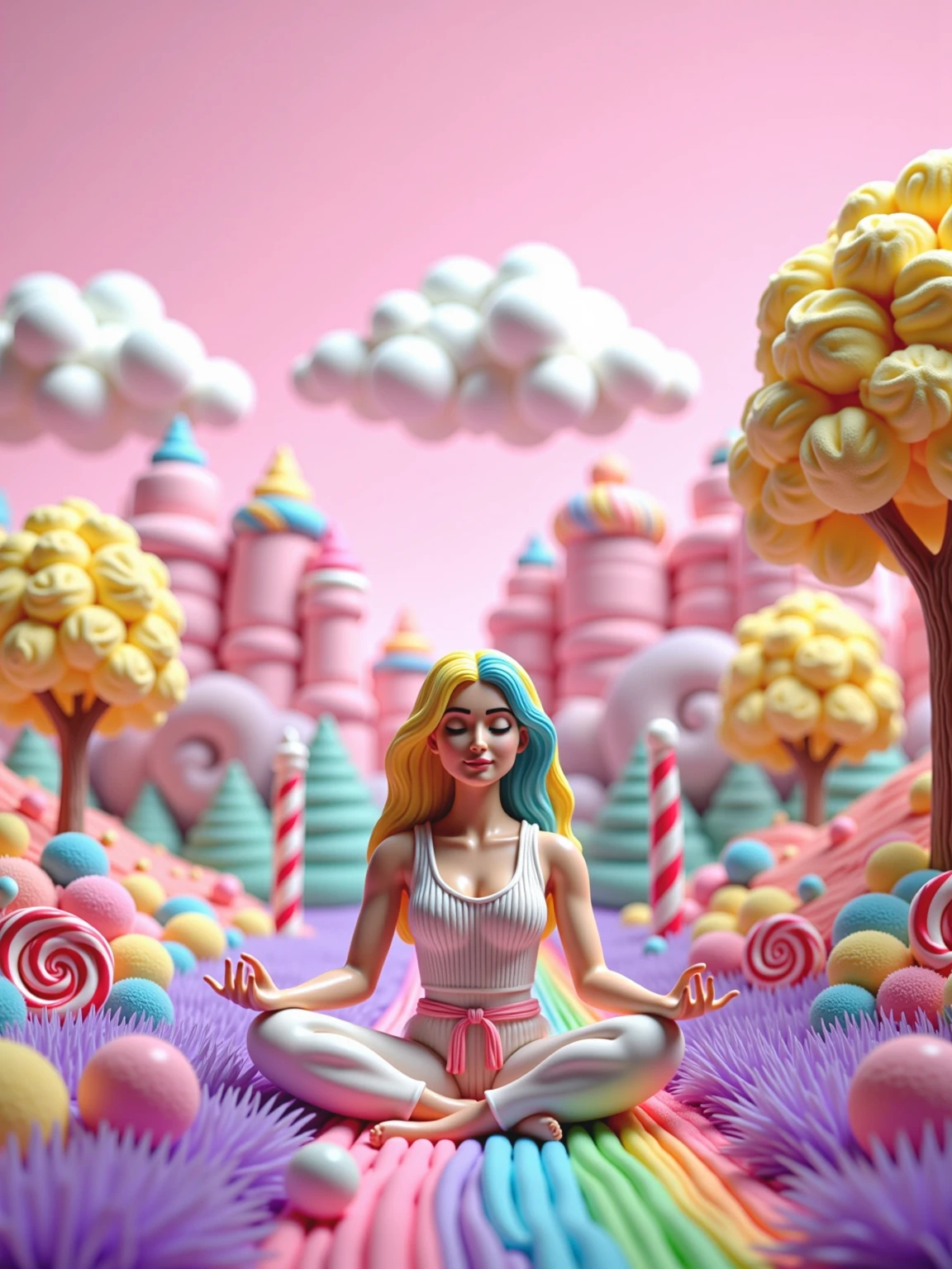 A Woman Meditating in a Serene Garden in candyland style. A woman sits cross-legged in a tranquil, lush garden surrounded by blooming candy and candy cane flowers, purple grass and soft rainbow colored plants. The trees in the background are made of ice-cream. Her hair is made of yellow and blue cream. White fluffy cotton candy clouds are in the pink sky. Blurry pastel colored mountains in the distance on a bright and sunny day. 