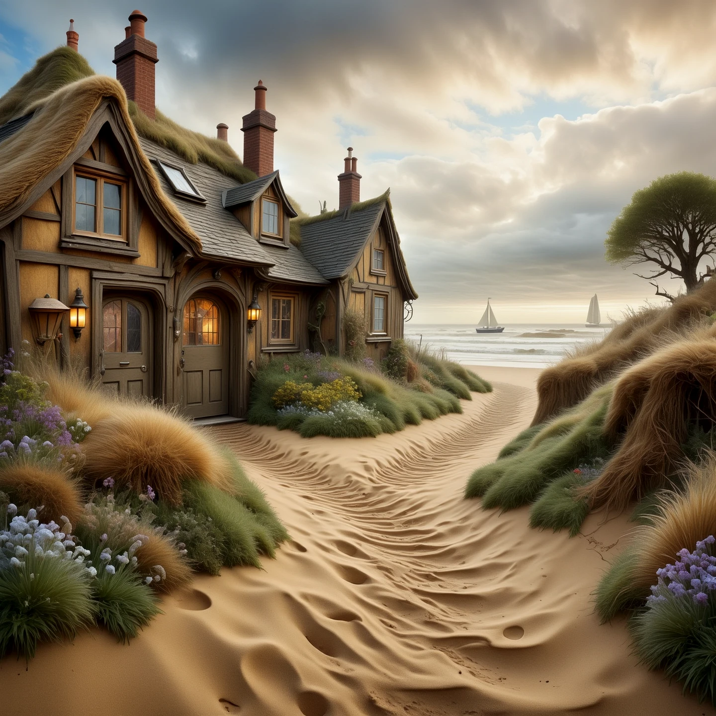 A sandy path. Rustic. Seaside cottages.

Atmospheric. 

WhimLonCE style