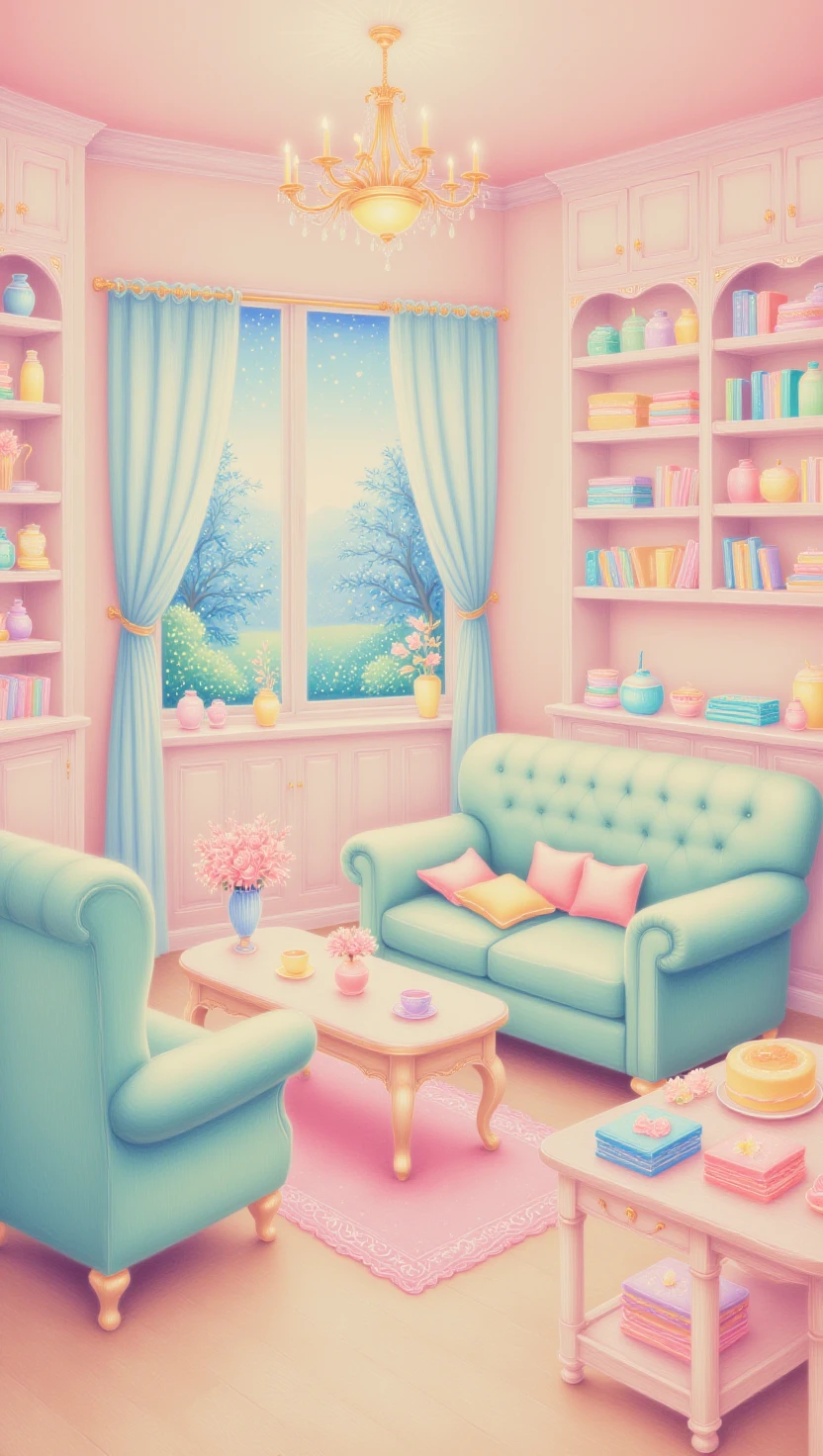 p3nc1ldraw1ng,A cozy pastel-colored café with colorful cups and pastry boxes scattered around the room