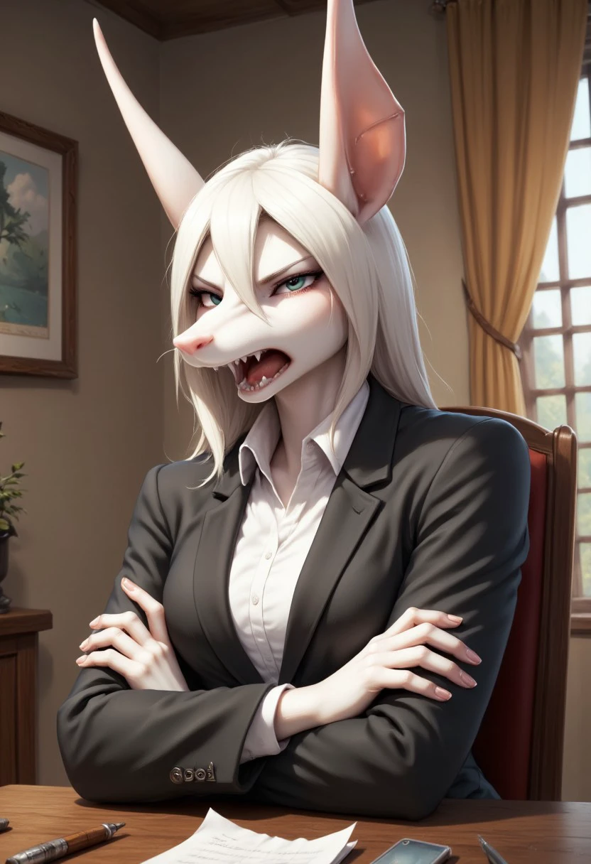 A photorealistic facial portrait of freyac, rat girl with white fur, angry, mad, upset, wearing a formal blazer and shirt, sitting at a desk with her arms crossed.