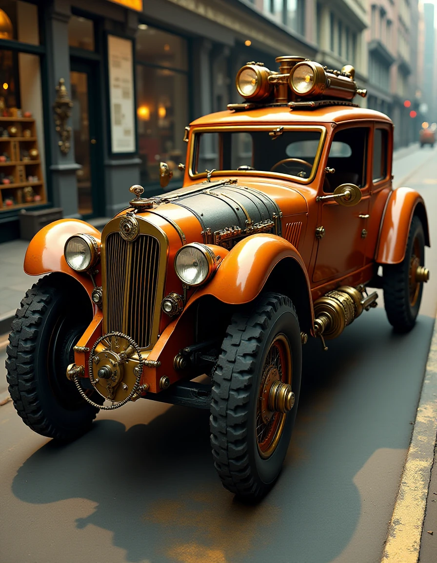 a Jed-stmpnk sportscar, steampunk,   <lora:fluxsteampunk-000012:1>,